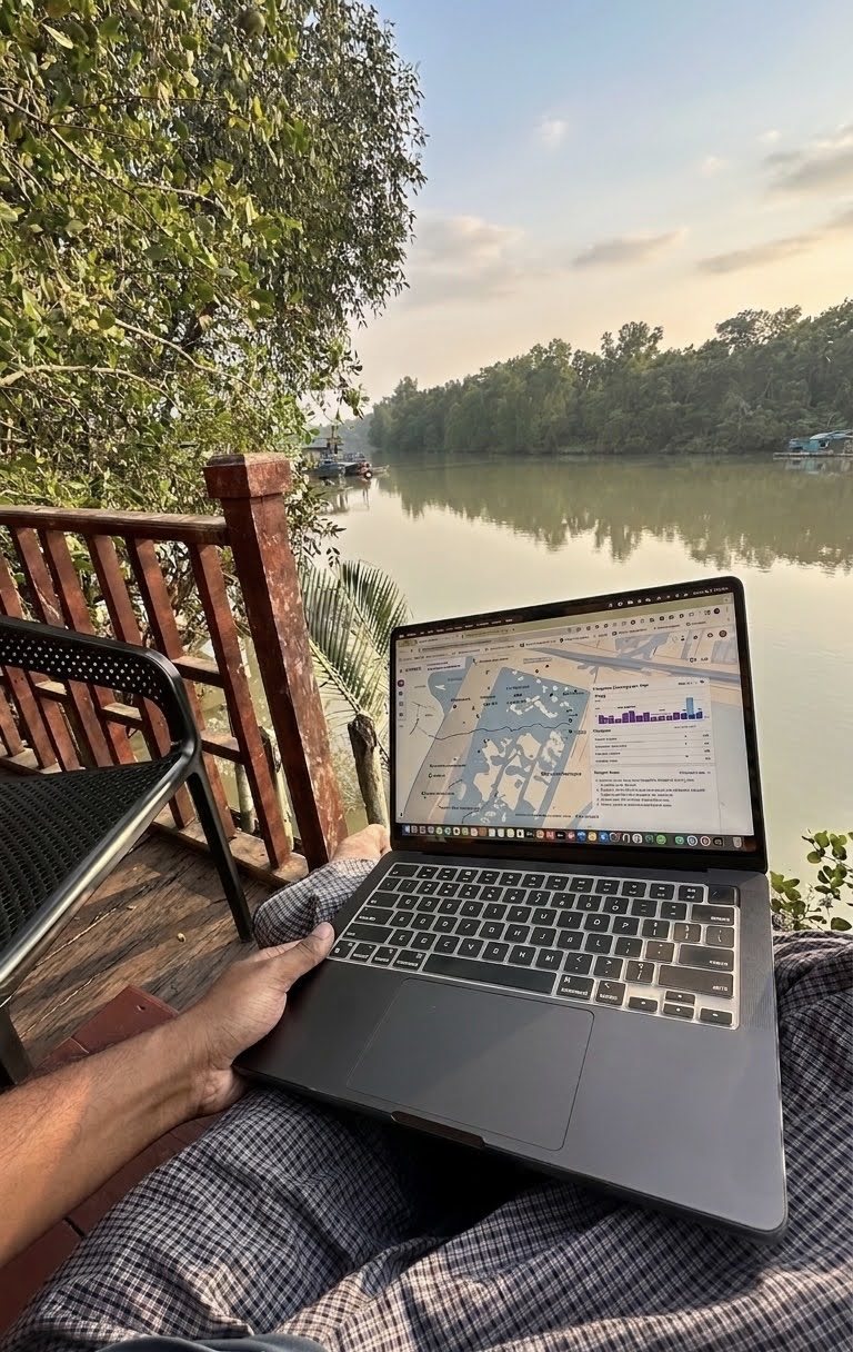 Mo working from a riverside spot in the Sundarbans mangrove forest